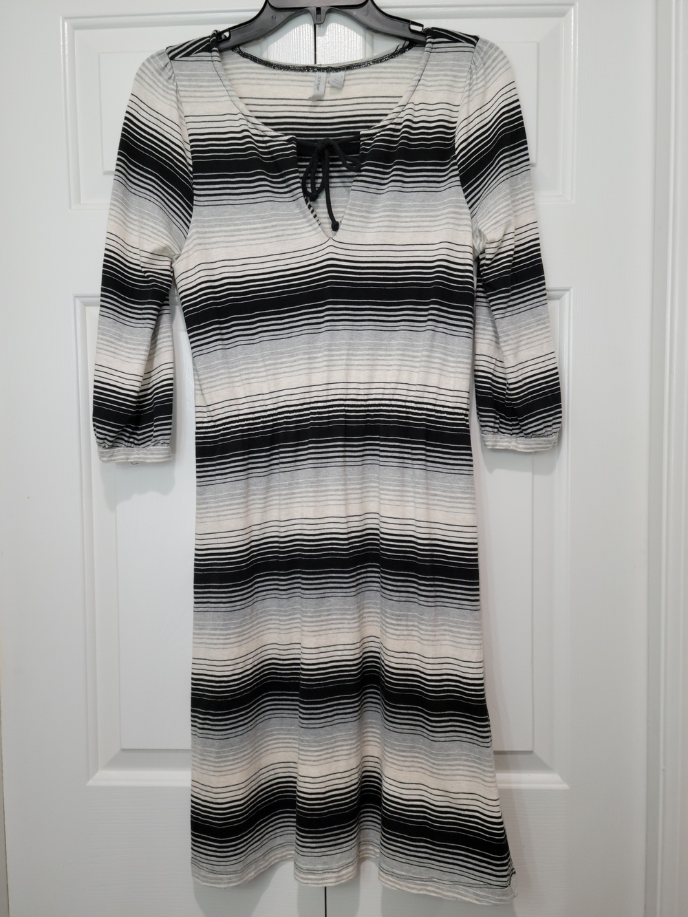 Old Navy Black and White Striped Midi Dress with Tie Neck